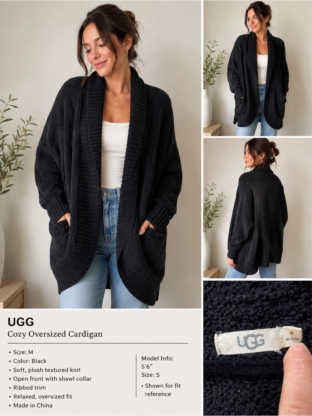 UGG Cozy Oversized Open Front Cardigan Sweater Black Size Medium Soft Plush Knit